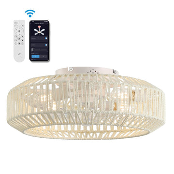 Rowan 19.5" 4-Light Modern Bohemian 6-Speed Metal/Rattan Mobile-App/Remote-Controlled Lantern LED Ceiling Fan - JONATHAN Y